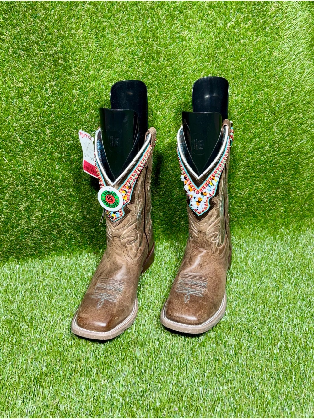 Laredo Women’s Beaded Square Toe Cowgirl Boots Size 9 Brown Teal Orange Bedazzle